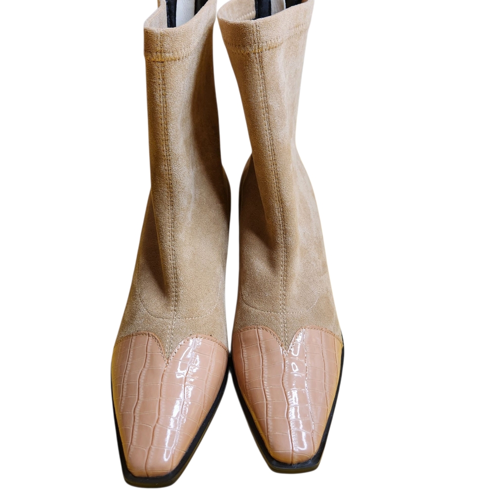 Ninety Tan and Pink Heeled Boots with Fashion-Forward Design